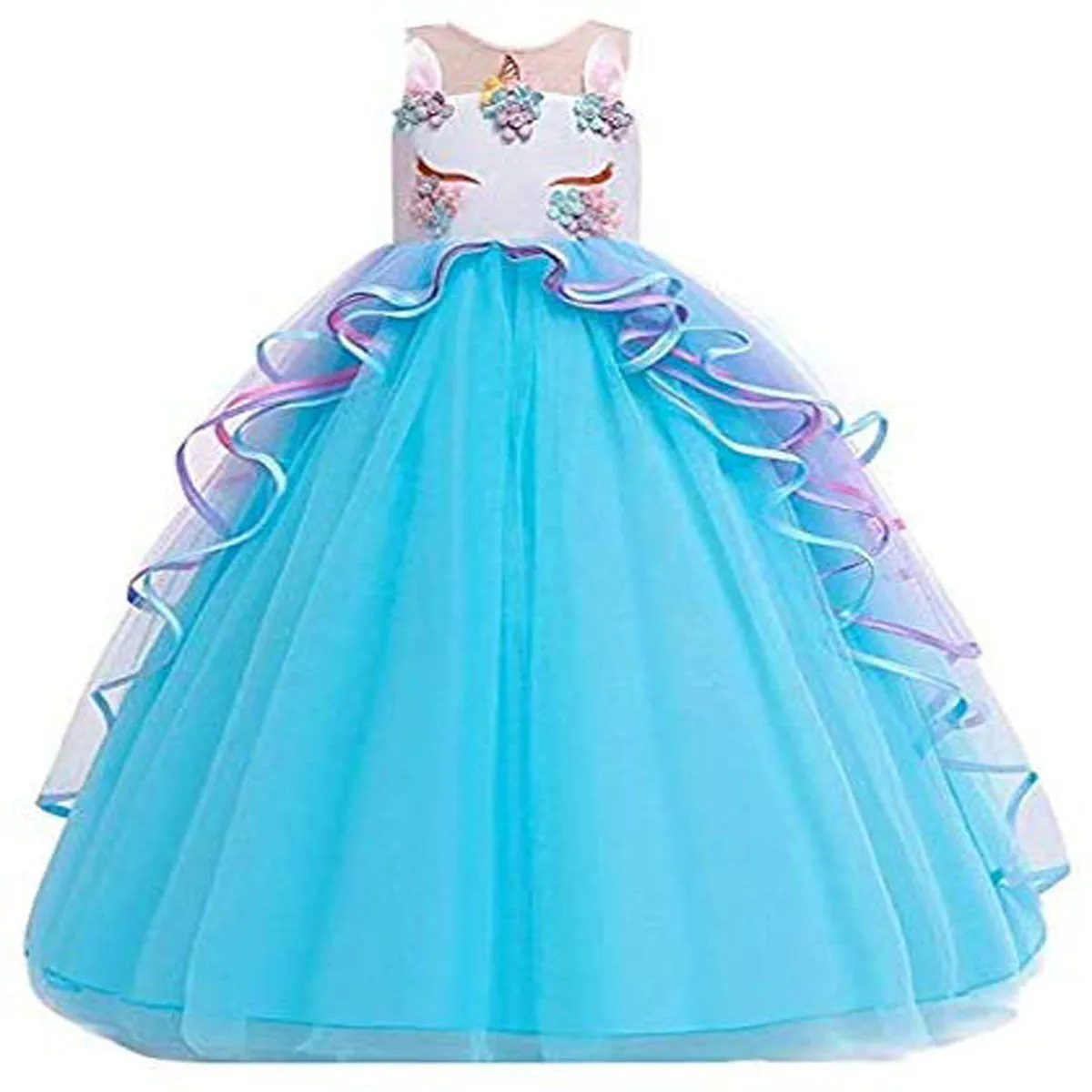 Unicorn Princess Costume Birthday Pageant Party Dance Performance Carnival Long Maxi Tulle Fancy Dress Up Outfits - Blue