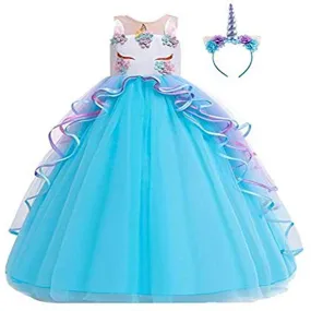 Unicorn Princess Costume Birthday Pageant Party Dance Performance Carnival Long Maxi Tulle Fancy Dress Up Outfits - Blue