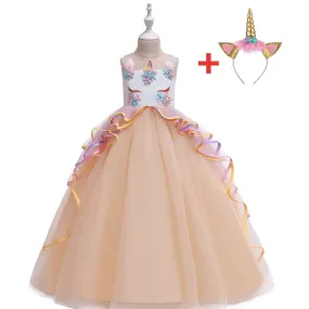 Unicorn Princess Costume Birthday Pageant Party Dance Performance Carnival Long Maxi Tulle Fancy Dress Up Outfits -Orange