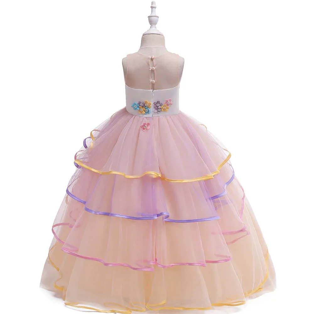Unicorn Princess Costume Birthday Pageant Party Dance Performance Carnival Long Maxi Tulle Fancy Dress Up Outfits -Orange