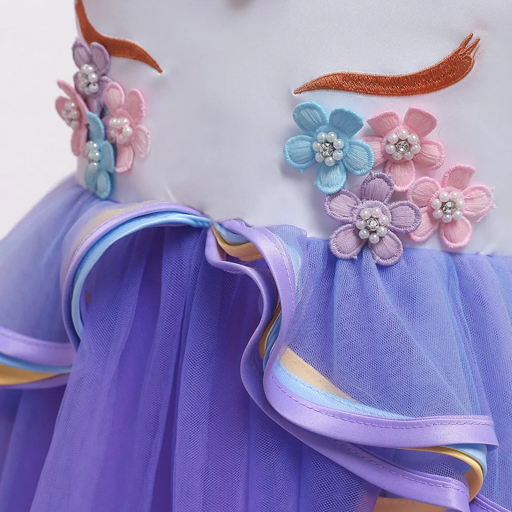 Unicorn Princess Costume Birthday Pageant Party Dance Performance Carnival Long Maxi Tulle Fancy Dress Up Outfits -Purple
