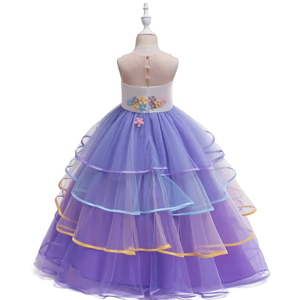 Unicorn Princess Costume Birthday Pageant Party Dance Performance Carnival Long Maxi Tulle Fancy Dress Up Outfits -Purple