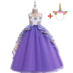 Unicorn Princess Costume Birthday Pageant Party Dance Performance Carnival Long Maxi Tulle Fancy Dress Up Outfits -Purple