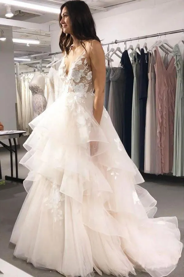 V Neck Ball Gown Wedding Dresses Layered Skirt Wedding Dress  WD345