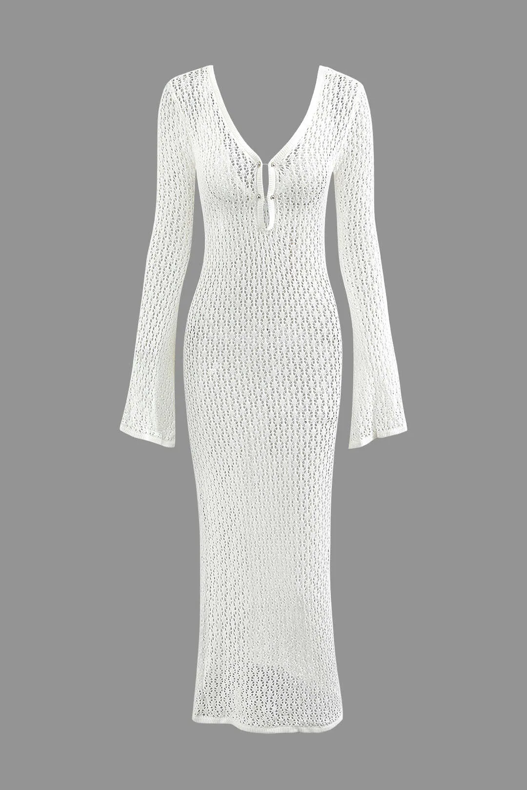 V-neck Crochet Open Knit Long Sleeve Maxi Dress