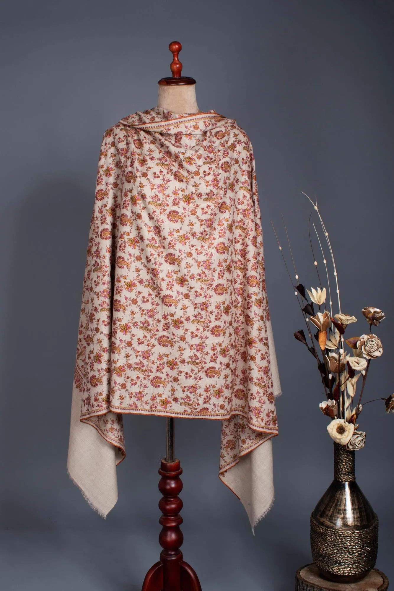 White Hand Embroidered Floral Pashmina Shawl - CENTRAL