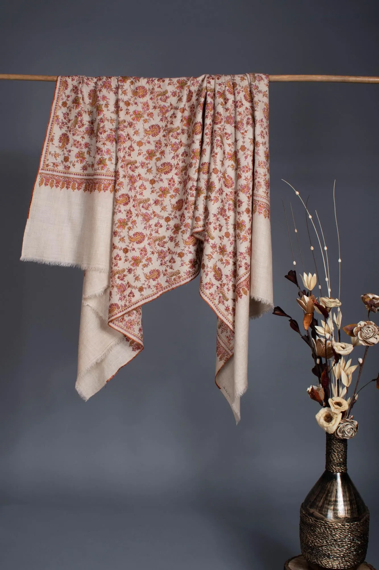 White Hand Embroidered Floral Pashmina Shawl - CENTRAL