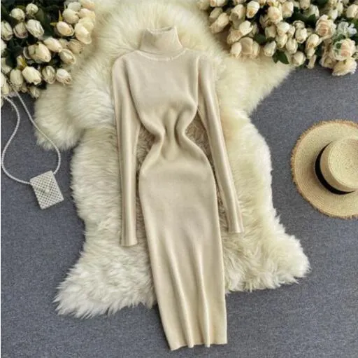 Wjczt New Autumn Winter Women Knitted Dress Turtleneck Sweater Dresses Lady Slim Bodycon Long Sleeve Bottoming Dress Vestidos PP003