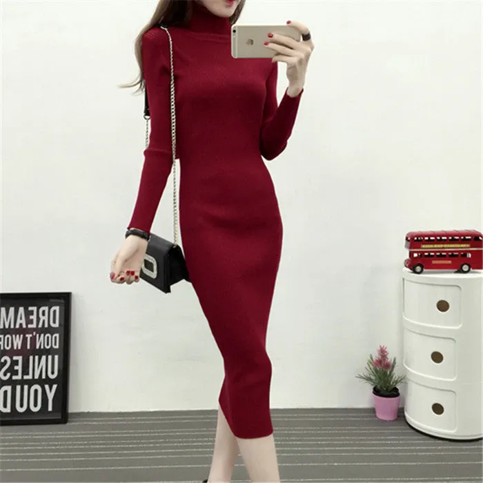Wjczt New Autumn Winter Women Knitted Dress Turtleneck Sweater Dresses Lady Slim Bodycon Long Sleeve Bottoming Dress Vestidos PP003