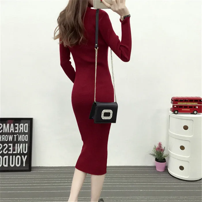 Wjczt New Autumn Winter Women Knitted Dress Turtleneck Sweater Dresses Lady Slim Bodycon Long Sleeve Bottoming Dress Vestidos PP003