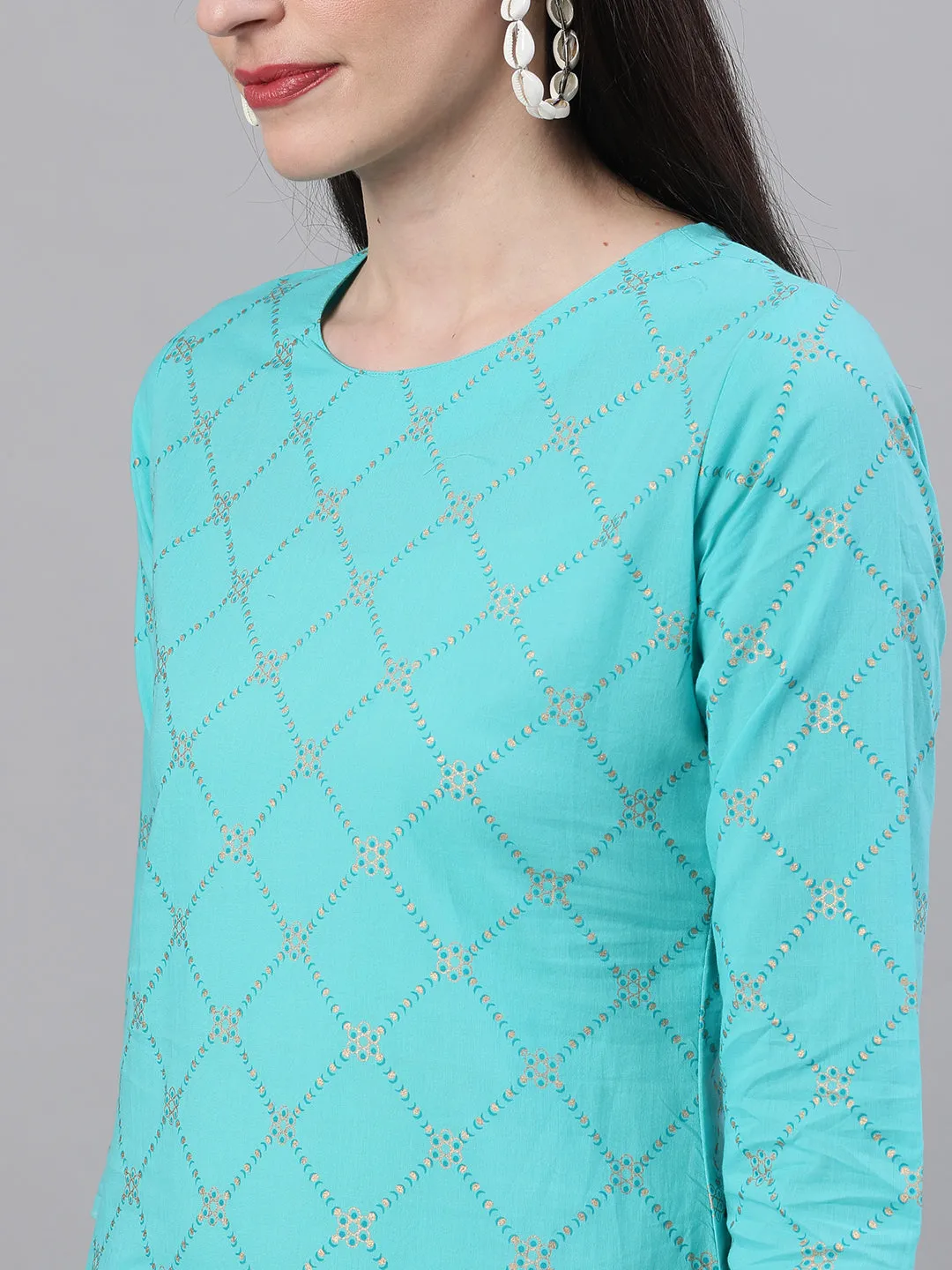 Women Skyblue Three-Quarter Sleeves Straight Kurta Skirt Set With Dupatta