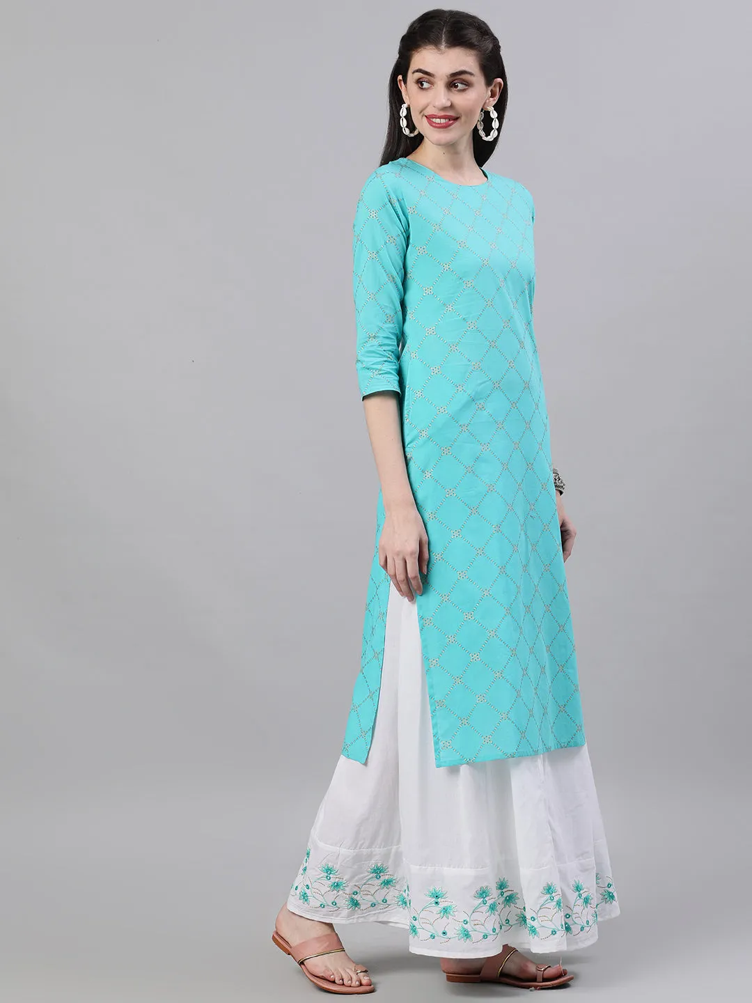 Women Skyblue Three-Quarter Sleeves Straight Kurta Skirt Set With Dupatta